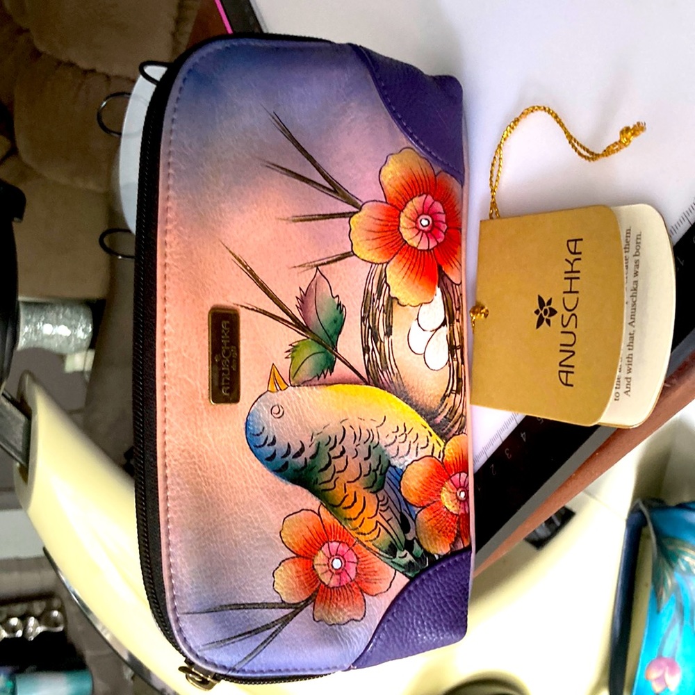 Cosmetic bag leather Handpainted Anuschka